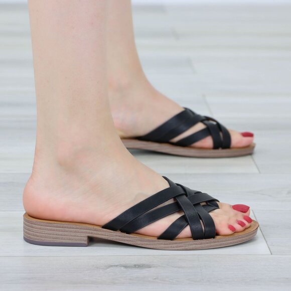 Black Flat Slip On Sliders Sandal Strappy Trendy Comfort Lightweight - Picture 5 of 11